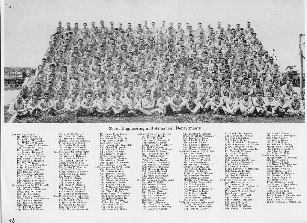 A group photo of the 393rd Bomb Squadron's Engineering & Armament Departments. Knisley is pictured fourth row from the top and fourth from the left